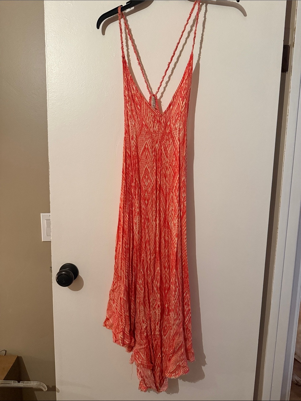 Free People Coral-Orange Patterned Maxi Dress with Braided Straps